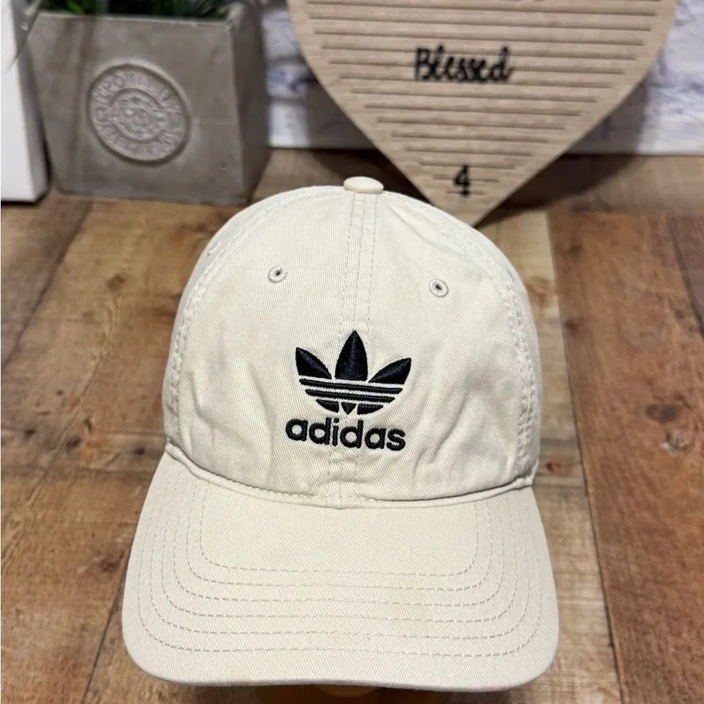 Adidas Trefoil Hat Cap Strap Back Military Beige Black Logo Outdoor Casual Unise
